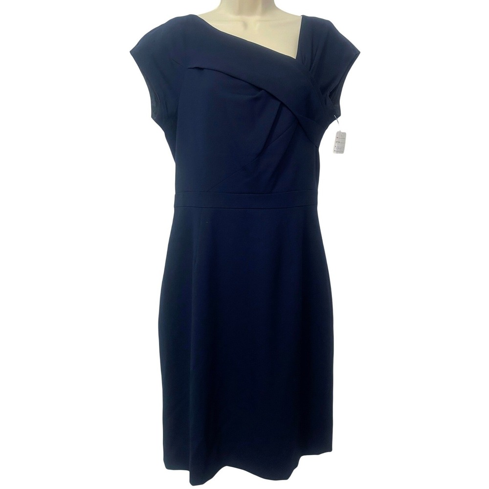 J. Crew Navy Blue Asymmetrical Neckline Sheath Dress Size 6T Tall Cap Sleeve - Picture 2 of 5
